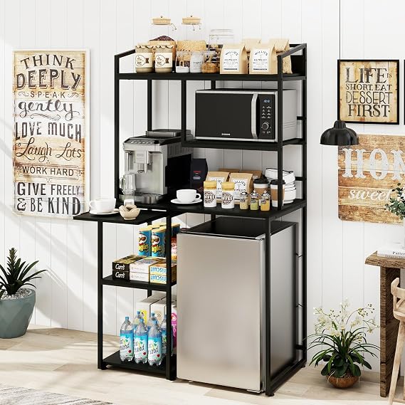 PUNCIA Modern Coffee Bar Cabinet with Mini Fridge Space & Outlet, Black