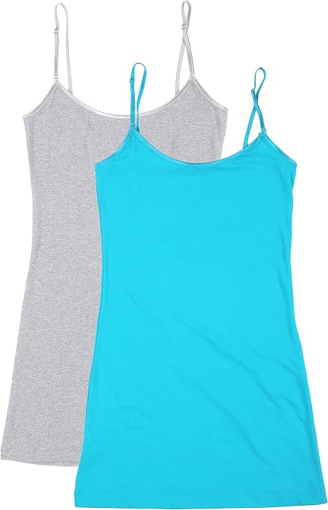 Bozzolo RT1002 PK Ladies Adjustable Spaghetti Strap Long Tank Top 2Pack - H.Grey/Aqua M