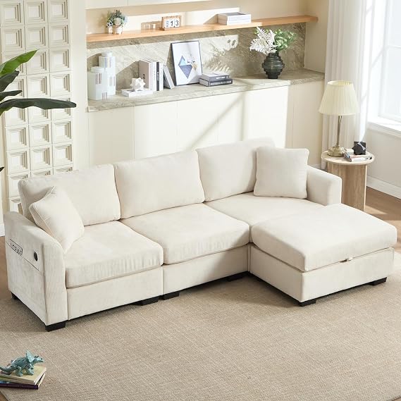 L Shaped Modular Sectional Sofa with Storage & Movable Ottoman, 97" Comfy Cloud Couch with USB Charging Ports & Side Pockets, 4-Seat