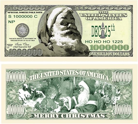 Santa Claus Million Dollar Bill - (Pack of 5) - Limited Edition Collectible Novelty Dollar Bill - Best Stocking Stuffer Gift
