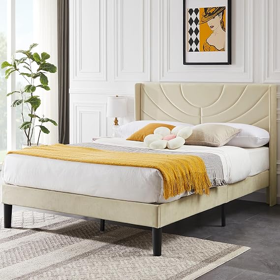 VECELO Full Size Upholstered Platform Bed Frame with Fabric Headboard,Wooden Slats Support/No Box Spring Needed/Mattress Foundation,Beige