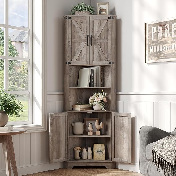 Halitaa 68.9" Tall Storage Corner Cabinet, Farmhouse Style Storage Cabinet Barn Door Design with Adjustable Shelve Space Saver for Kitchen,Bathroom, Living Room, Dining Room (Gray)