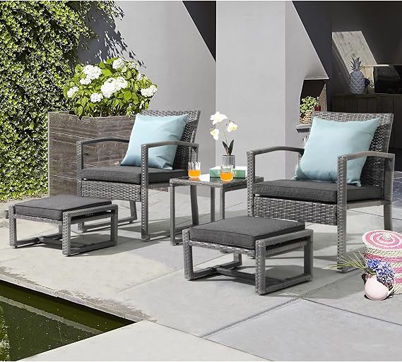 Patiorama 5 Piece Outdoor Patio Wicker Furniture Set, All Weather Grey PE Rattan Chair and Ottoman Footstool Set, W/Coffee Table, Cushions (Dark Grey) for Garden, Balcony, Porch, Space Saving Design