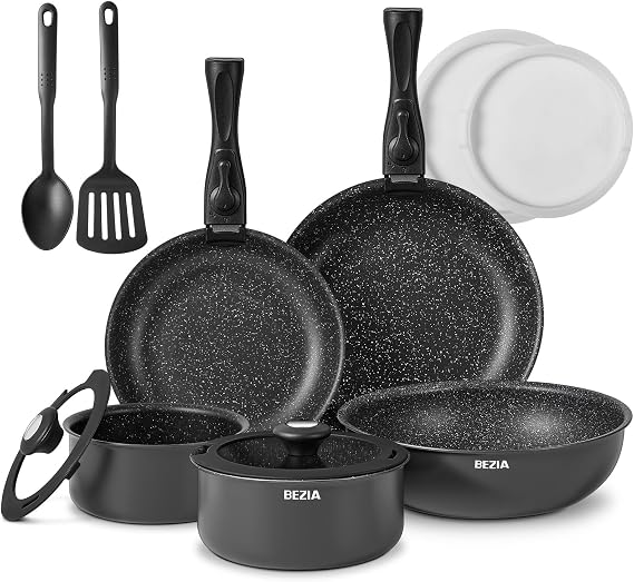 BEZIA Pots and Pans Set Non Stick 13 Pieces, Induction Hob Pans Set with Detachable Handles, PFAS & PFOA Free, Stackable Saucepan Sets for All Hobs,Ideal for RVs, Campers, and Space-smart Home