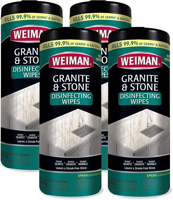 Weiman Granite Disinfectant Wipes - 30 Wipes - 4 Pack - Disinfect Clean and Shine Sealed Granite Marble Quartz Slate Limestone Soapstone Tile Countertops - Packaging May Vary