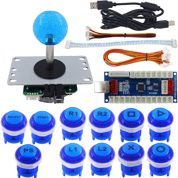 Arcade Game Stick DIY Kit Buttons with Logo 8 Way Joystick USB Encoder Cable Controller for PC PS3 PS2 MAME Raspberry Pi Blue