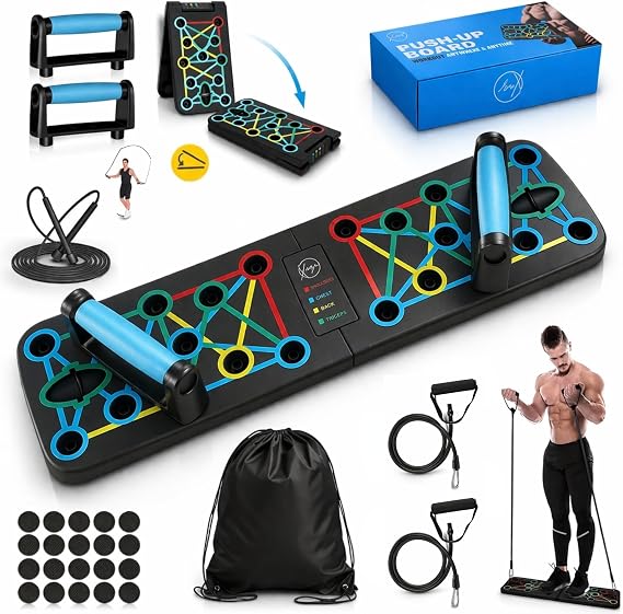 Push Up Board with Jump Rope | Multi-function Foldable Portable Press Up Board - Ultimate Home Gym Set, Storage Bag, Resistance Bands & Workout Guide - Great Gift for Men & Women