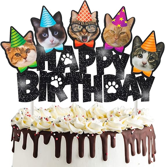 Cat Happy Birthday Cake Topper Cat Theme Party Cake Decoration for Meow Kitty Cat Birthday Party Baby Shower Supplies