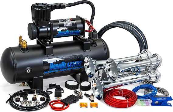 Hornblasters Bullet 2 Gallon All-In-One Air Horn Kit - 3 Chrome Trumpets - Easy Install