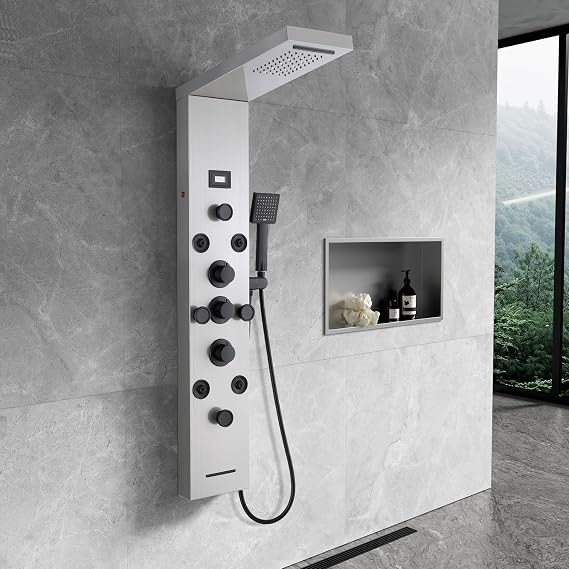 LED Shower Panel Tower with ℃ Display, Brushed & Matte Black