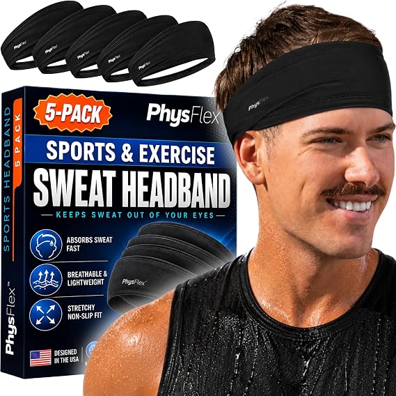 5 Pack Sport Headbands for Men & Women - Sweat-Wicking Workout & Running Head Bands - Exercise Sweat Band for Workout, Basketball, Tennis, Cycling, Yoga