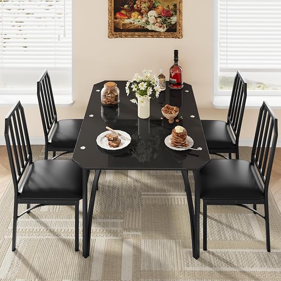 IDEALHOUSE Dining Table Set for 4, Kitchen Table Set of 4 with Upholstered Cushion Chairs, Dining Room Table Set for 4 with Kitchen Chairs, Easy to Assemble, Suitable for Apartment - (Glass Dark)