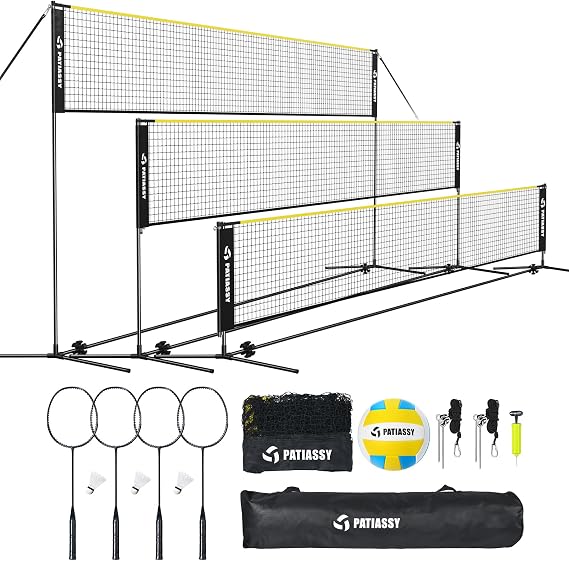 17ft Portable Volleyball Badminton Net Set – Adjustable Height Indoor/Outdoor Sports Net with Poles, 4 Rackets, 3 Shuttlecocks, 1 Volleyball for Backyard, Beach, Garden