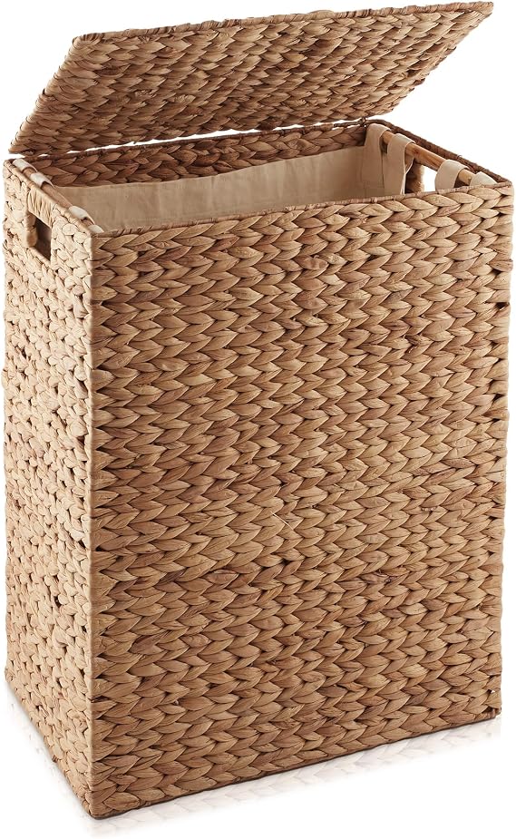 Casafield Large Laundry Hamper with Lid and Removable Liner Bag - Cinnamon, Woven Water Hyacinth Rectangular Laundry Basket Sorter for Clothes Towels