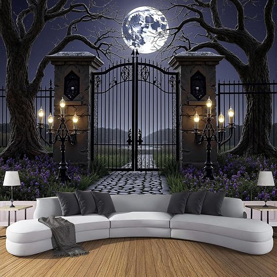3D Effect Gothic Iron Gate Mural Wallpaper for Living Room Bedroom Decor, Weird Trees Wall Art, Non-Woven Photo Wallpaper Wall Mural for Kitchen Hallway, 150×105cm