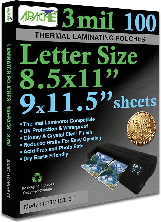 Apache Letter Size Laminating Pouches, 3 Mil, 100 Pack, Holds 8.5 x 11 Inch Projects (9 x 11.5 Inch Pouch Size), Thermal Laminator Compatible Laminating Sheets, Super Clear, Round Corners