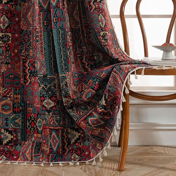 USTIDE Boho Ethnic Vintage Rustic Chic Shabby Geometric Curtains - Colorful Room Darkening for Bedroom Living Room, Tassels, 150x180cm