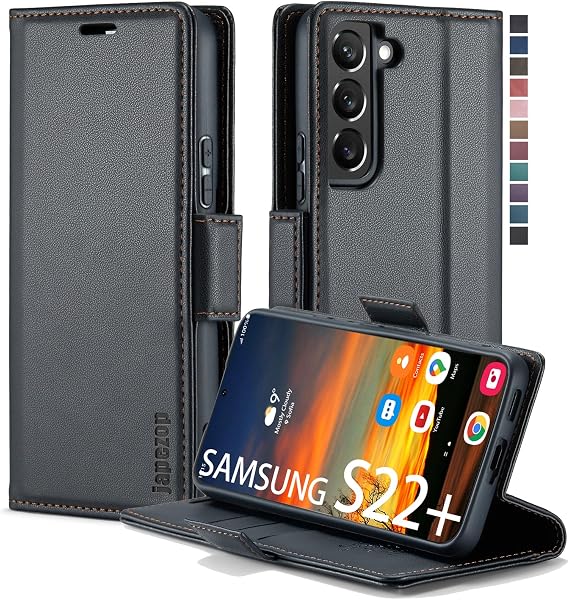 Samsung Galaxy S22+ Plus 携帯電話ケース Galaxy S22+ Plus ウォレットケース カードホルダー付き RFIDブロッキング キックスタンド マグネット付き レザーフリップケースウォレット Galaxy S22+ Plus 6.6インチ用 ファッションブラック