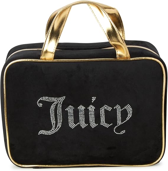 Juicy Couture Makeup Bag, Black Velour, Weekender, Rhinestone Gold Trim