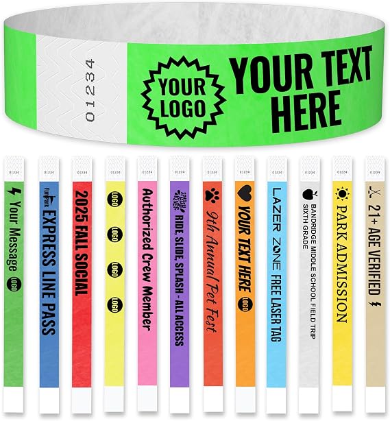 WristCo Custom Printed Wristbands | Super Rush | Select a Color Quantity & Personalize w/Clipart Text & Logos - Tyvek Wrist Band ID Bracelets for Events Party Security Admission VIP