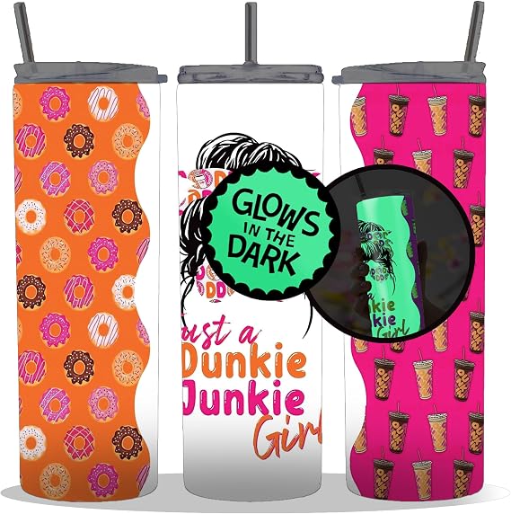 GLOW IN THE DARK 20 oz Insulated Double Wall Stainless Steel Tumbler with Spill Proof Lid and Reusable Straw, Water Bottle Coffee, Just A Girl Cup Mug Tumbler (Dunkie Junkie 2)