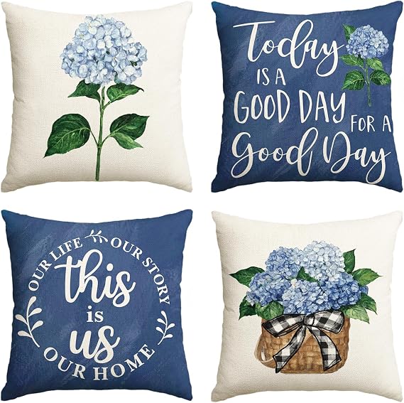 AVOIN colorlife Blue Hydrangea Spring Summer Throw Pillow Covers, 18 x 18 Inch Today is A Good Day Dark Blue Cushion Case Decoration for Sofa Couch Set of 4