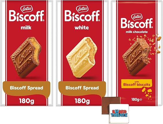 Lotus Biscoff Bar Bundle Of 3 Chocolate Bar Bundle Lotus Milk Chocolate With Biscoff Cream, White Chocolate, Milk Chocolate With Crumbs 3x180g Boxed Treatz