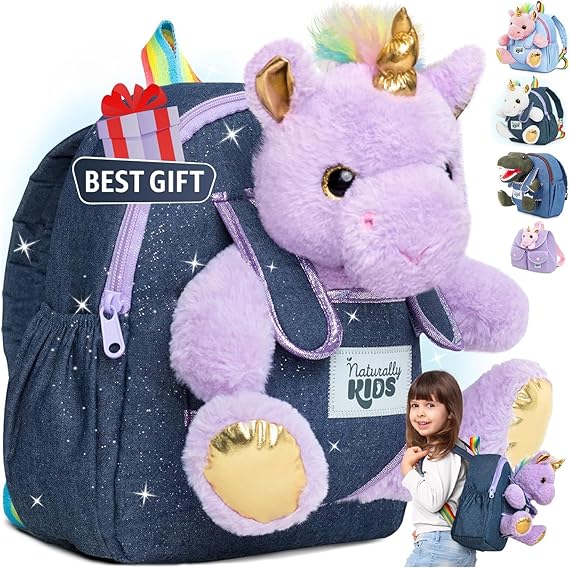 Naturally KIDS Toddler Backpack w. Plush Purple Unicorn Toy, Kids Gift 2-6 | 2-in-1 Unicorn Backpack w. Side Pockets, Reflective Logo, Removable Unicorn Toy for Girls Age 2-6, Birthday & Christmas Gift