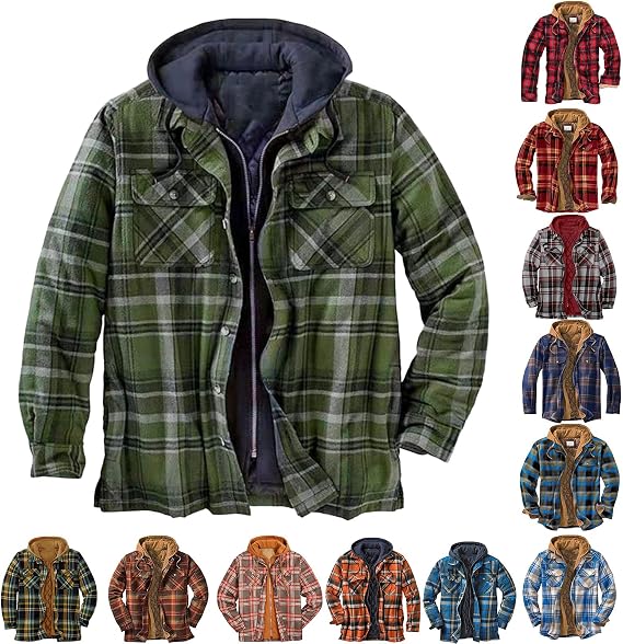 Flannel Jackets Men Classic Plaid Shacket Oversized Quilted Puffer Jacket Full Zip Hoodie Coat Winter Warm Outwear