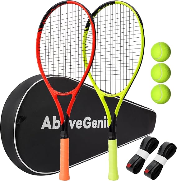 AboveGenius Neon Tennis Rackets 2 Pack for Adults- 27" Lightweight Aluminum Tennis Racquet Set with 3 Balls & Bag- Vibrant High-Visibility Matte Finish for Men Women Beginners