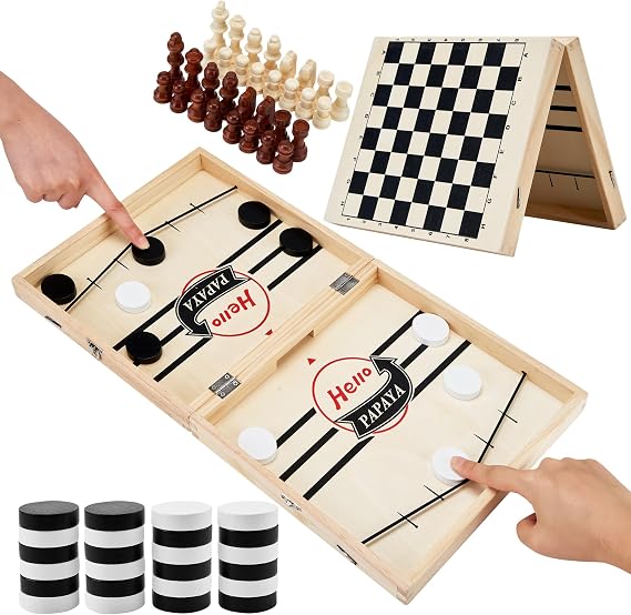 HELLO PAPAYA Fast Sling Puck Game Foldable+Checkers,Tic Tac Toe,Chess Board