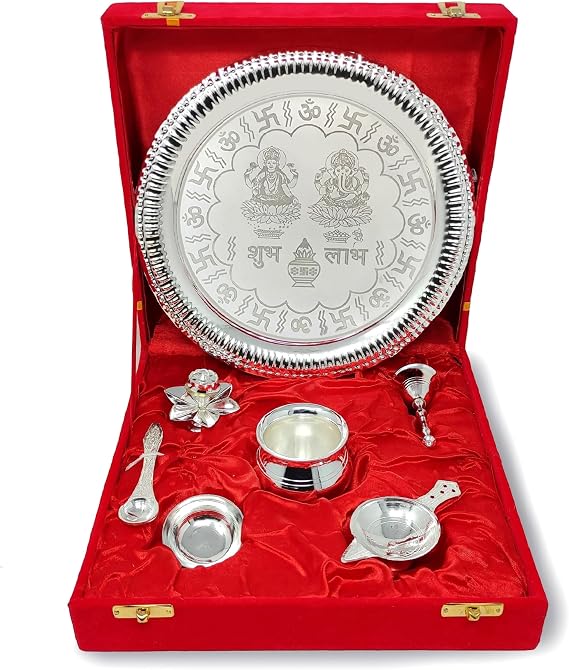 NOBILITY Pooja Thali Set Silver Plated with Red Gift Box Designed Puja Plate 22 CM Bowl Ghanti Kalash Spoon Dhup Dan Diya for Home Office Diwali Wedding Return Gift Items