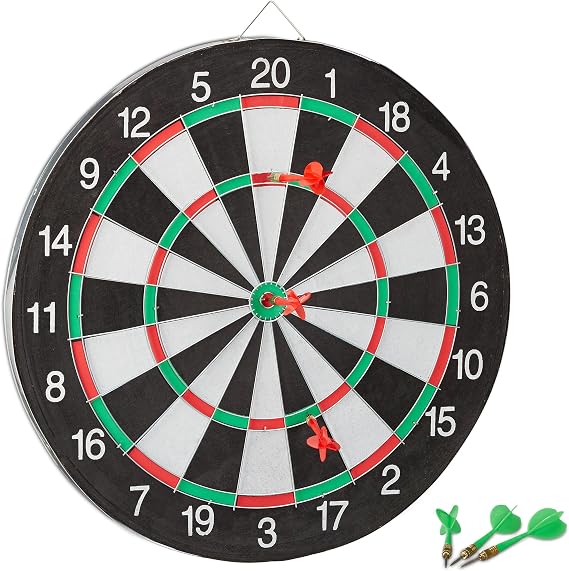 Relaxdays X1 Dartboard with Darts 43 cm 6 x Darts Two-Sided Steel Darts Classic Dartboard Black-White
