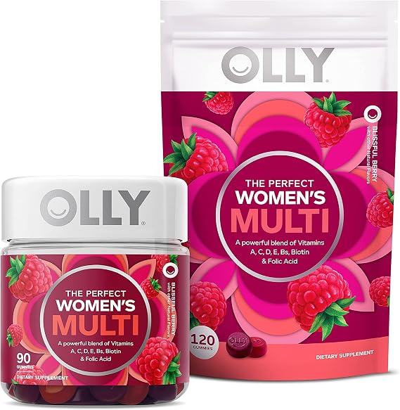 Olly Womens Multi Gummy Starter Pack Bundle, Vitamins A, D, C, E, Biotin, Folic Acid, Berry Flavor, 90ct Bottle and 120ct Pouch 210 Count