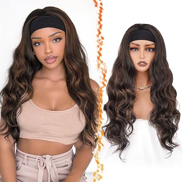 BARSDAR Long Wavy Headband Wig - 26 Inch Loose Body Wave Headband Wig for Women - Synthetic Wear and Go Glueless Wigs Soft Lightweight Natural Looking Easy Wear - Brown With Auburn Highlight