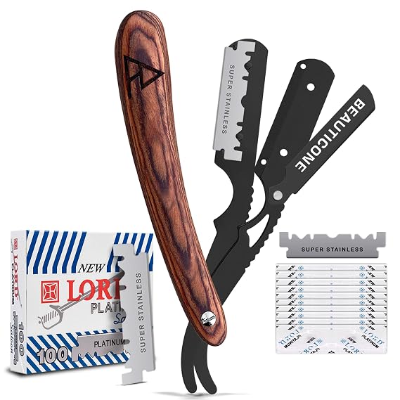BEAUTICONE Barber Straight Razor for Men Professional Shavette with Wood Handle & Swinglock Blade Holder, 100 Stainless Steel Blades Included, Cut Throat Razor