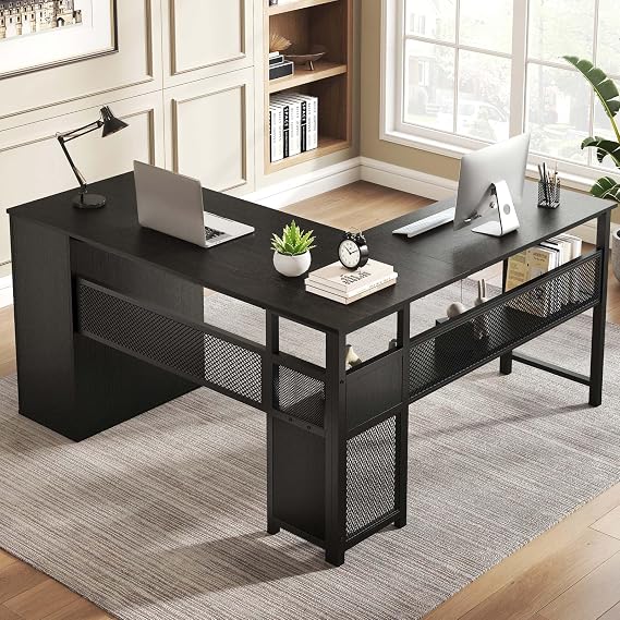 LVB Black L Shaped Desk, Reversible Computer Office Desk with Drawers, Modern Large L Shape Gaming Desk Table with File Cabinets, Wood Executive Corner Desk with Storage Shelf for Bedroom, 59 Inch