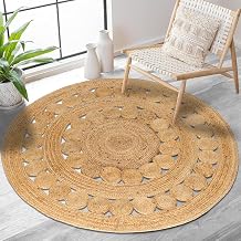 Hand Woven Jute Area Rug - 5' Round - Rustic Beige Reversible Farmhouse Rugs for Bedroom, Kitchen, Living Room - Vintage Natural Braided Entry Floor Décor Circle Boho 5 Foot Round Rug