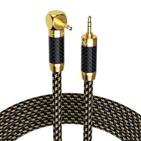 Hi-Fi 3.5mm Audio Cable 75 Feet, 90 Degree Right Angle Stereo Aux Cord, Silver Plated Copper, Multiple Shield, Nylon Braided 1/8 inch 3.5 mm Auxiliary Jack for Real HiFi Sound, Audiophiles