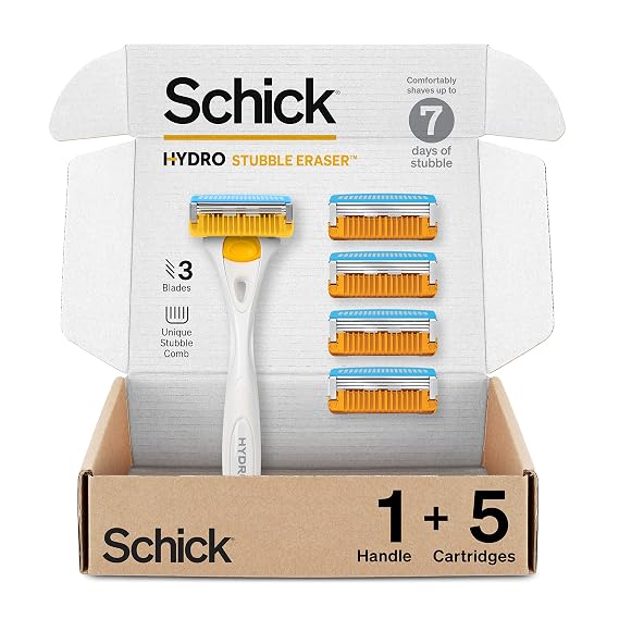 Schick Hydro Stubble Eraser Razors for Men | 3-Blade Mens Razors for Shaving, 1 Mens Razor Handle with Stubble Comb and 5 Razor Blades Refills