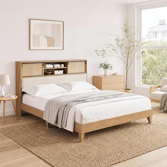 Queen Size Rattan & Solid Wood Bed Frame with Storage Shelves, Boho