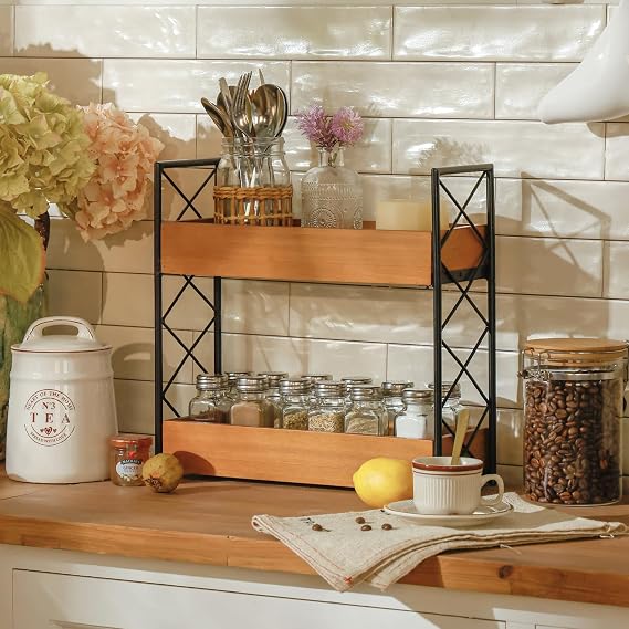 2 Tier Wooden Spice Rack for 28 Jars, Spice Shelf Organizer