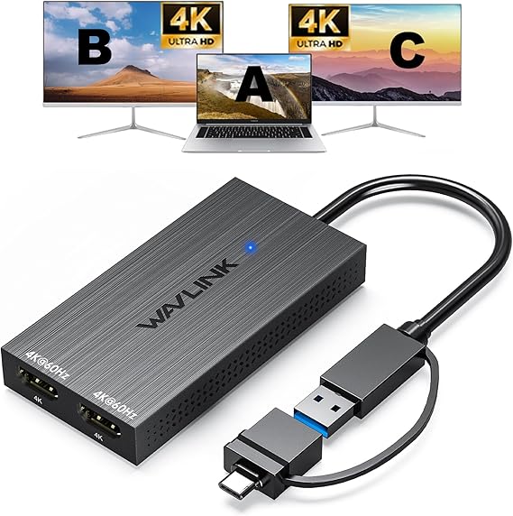 WAVLINK DisplayLink USB A/C to Dual HDMI Adapter 4K@60Hz for 2 Monitors