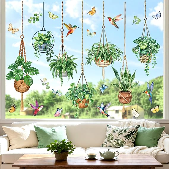 decalmile Window Clings Potted Plant Botanical Reusable Windows Decals