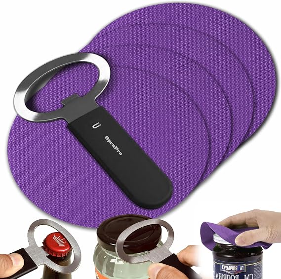 Magnetic Jar Opener Gripper, Jar Openers Top Rated For Seniors Weak Hands, Bottle Opener Built-In, 2-IN-1 Jar & Bottle Opener x 1, Black, Rubber Jar Openers Gripper x 4