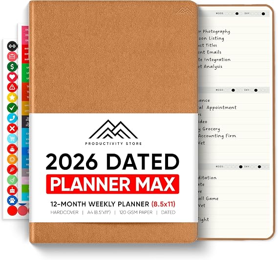 2024 Planner Pro Max - Dated 2024 Planner - Daily Planner, Weekly Planner & Monthly Planner 2024-2025 All-In-One - A4 8.5" x 11" - Brown - Productivity Store