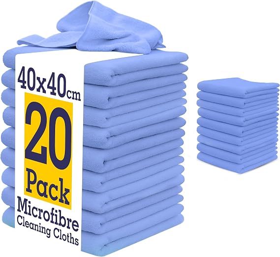 DCS Microfibre Cleaning Cloth, Blue, Pack of 20, Large Size: 40x40cm. Super Soft Premium Streak Free Washable Cloth Duster for Kitchen, Bathrooms, Surfaces, Mirrors, Car, Motorbike