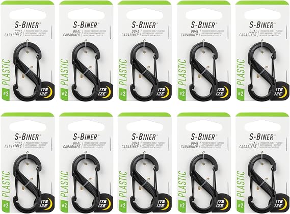 Nite Ize S-Biner Plastic Dual Carabiner - Durable Dual Carabiner with Wire Gate Closure for Organizing Keys & Keychain Attachments - Size 2, Black (10 Pack)