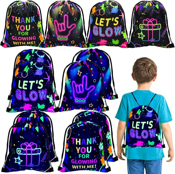 Pack of 12 Neon Gift Bags with Drawstring Luminous Backpacks Goodie Bags Neon Party Accessories Gift Bags for Birthday Parties Glow Party Decorations Luminous Party Accessories for the Dark
