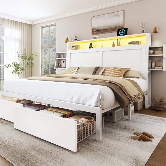 LARMACE Queen Size Wooden Bed Frame with Storage Drawer and LED Headboard